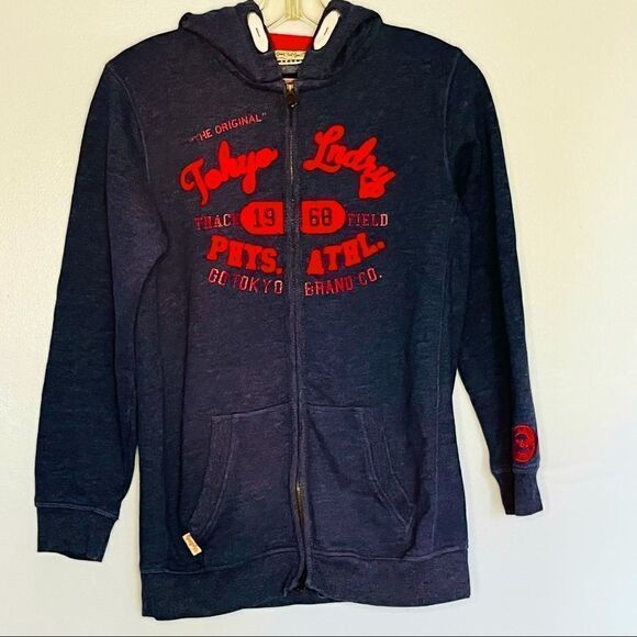 Tokyo Laundry Hoodie Navy Blue size L Embroidered Red Logo Red cuffed wrists hem - Picture 2 of 8